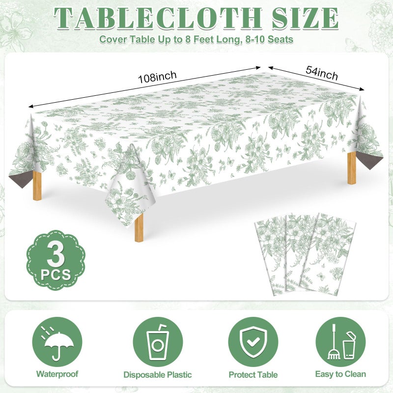 NatNarr 3 Pack Sage Green Floral Plastic Tablecloths, 54 X 108Inch Tea Party Tablecloth Disposable Table Cloths Green and White Porcelain Tables Decor for Mother's Day Birthday Garden Wedding Tea Party - Image 2