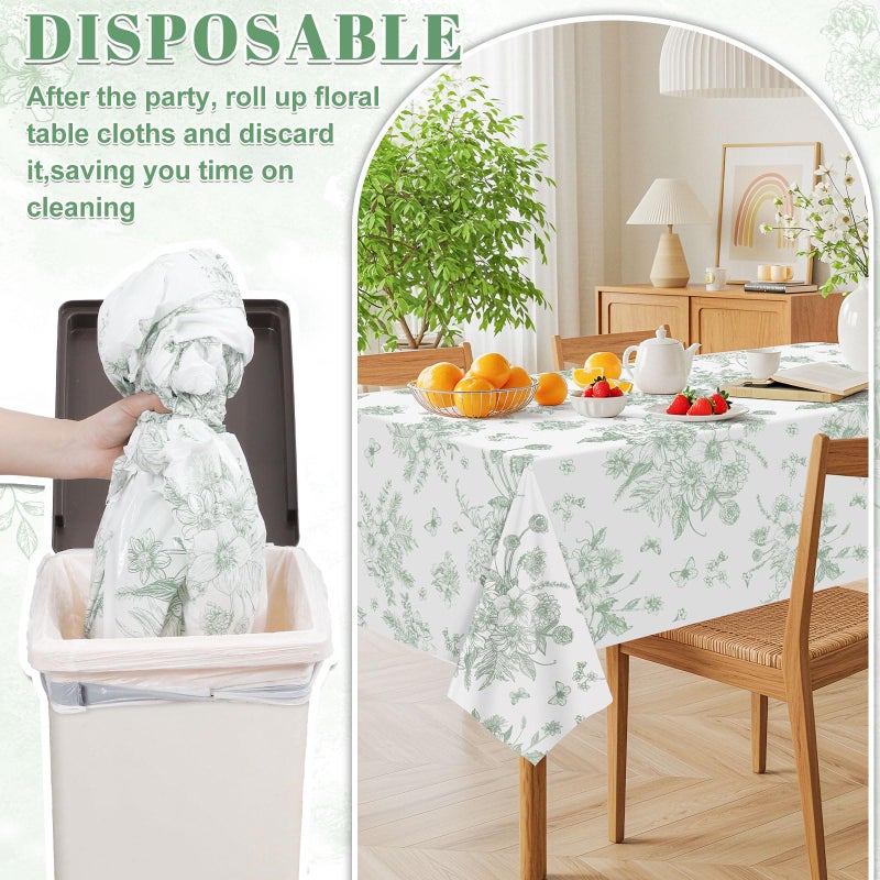 NatNarr 3 Pack Sage Green Floral Plastic Tablecloths, 54 X 108Inch Tea Party Tablecloth Disposable Table Cloths Green and White Porcelain Tables Decor for Mother's Day Birthday Garden Wedding Tea Party - Image 5