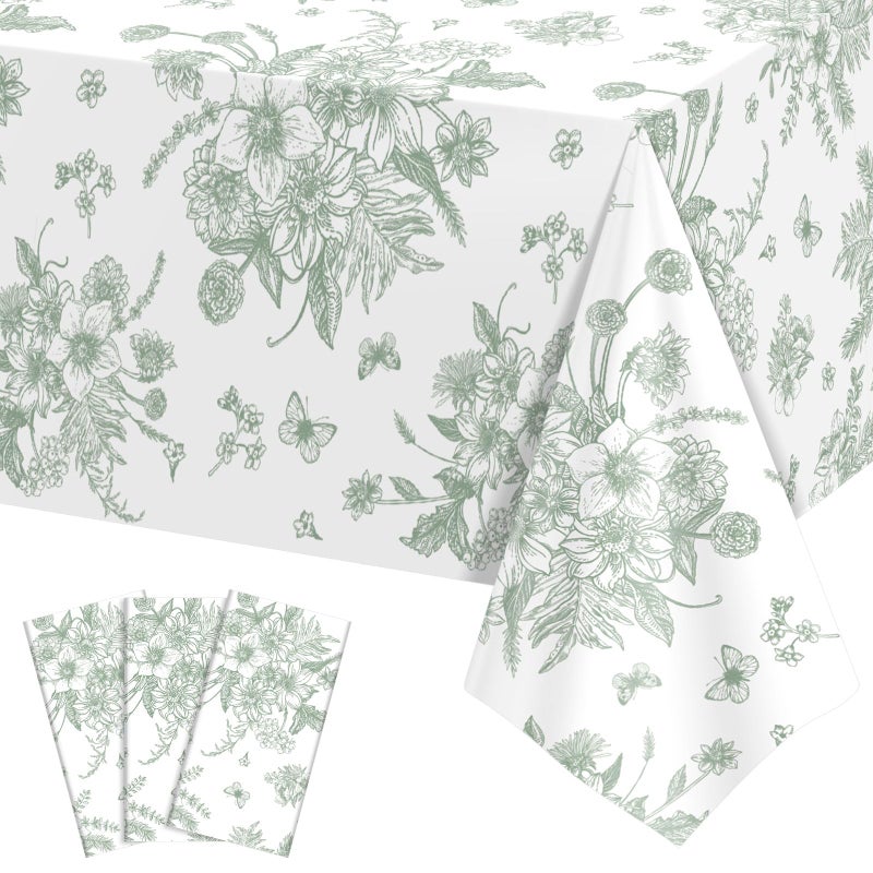 NatNarr 3 Pack Sage Green Floral Plastic Tablecloths, 54 X 108Inch Tea Party Tablecloth Disposable Table Cloths Green and White Porcelain Tables Decor for Mother's Day Birthday Garden Wedding Tea Party - Image 1