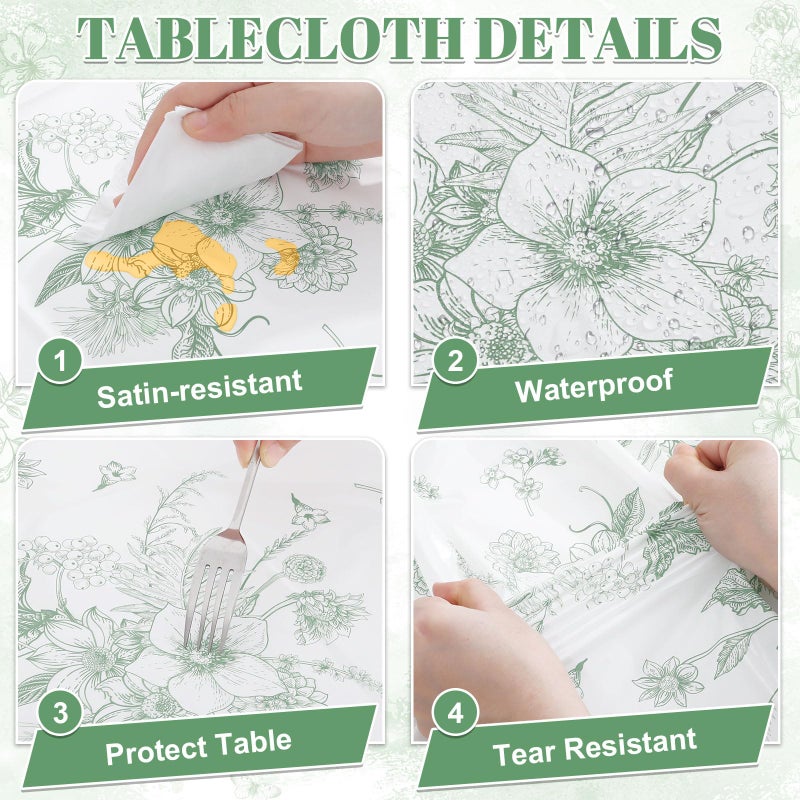 NatNarr 3 Pack Sage Green Floral Plastic Tablecloths, 54 X 108Inch Tea Party Tablecloth Disposable Table Cloths Green and White Porcelain Tables Decor for Mother's Day Birthday Garden Wedding Tea Party - Image 4