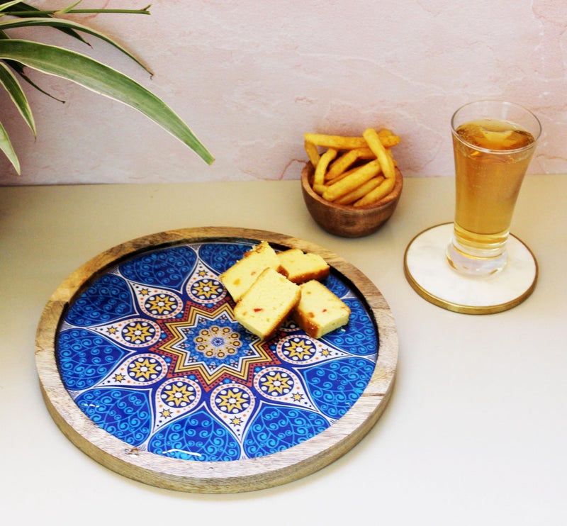Monstera Hut ® Blue Moroccan Round Wood Serving Plate | Platters for Serving Snacks | 1PC Size 25cm|10Inch - Image 3