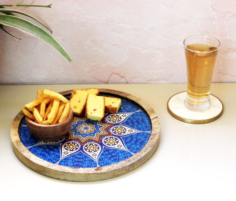 Monstera Hut ® Blue Moroccan Round Wood Serving Plate | Platters for Serving Snacks | 1PC Size 25cm|10Inch - Image 2