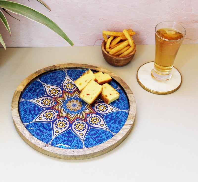 Monstera Hut ® Blue Moroccan Round Wood Serving Plate | Platters for Serving Snacks | 1PC Size 25cm|10Inch - Image 4