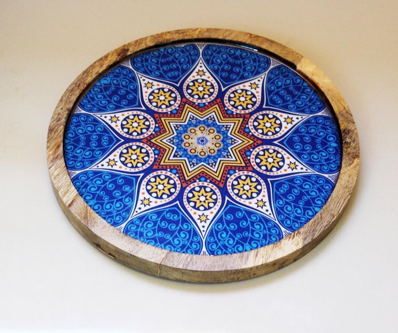 Monstera Hut ® Blue Moroccan Round Wood Serving Plate | Platters for Serving Snacks | 1PC Size 25cm|10Inch - Image 1