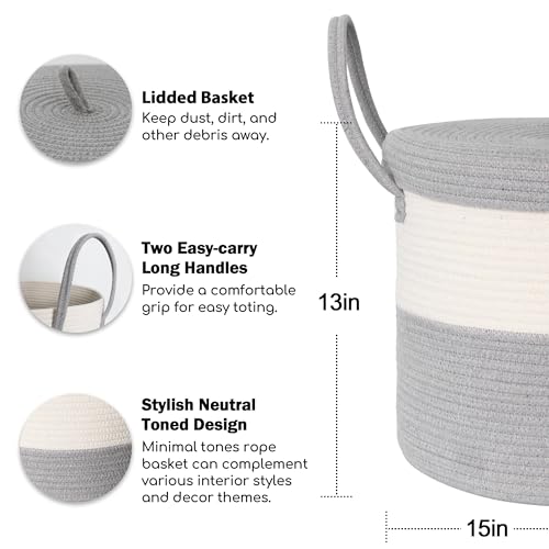 HONCESTA Storage Basket with Lid Blanket Basket Living Room Large Woven Cotton Rope Baskets for Storage Kids Toy Storage Bin Wicker Laundry Basket Blankets Pillows Organizer Holder15x13 Gray - Image 3