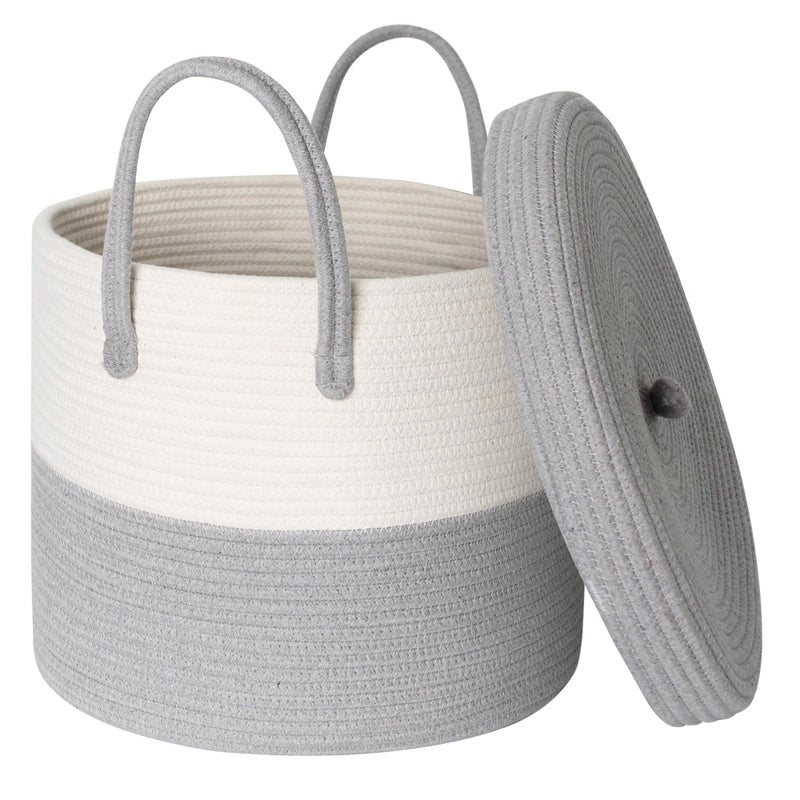 HONCESTA Storage Basket with Lid Blanket Basket Living Room Large Woven Cotton Rope Baskets for Storage Kids Toy Storage Bin Wicker Laundry Basket Blankets Pillows Organizer Holder15x13 Gray - Image 2