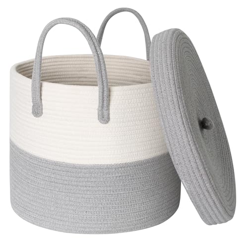HONCESTA Storage Basket with Lid Blanket Basket Living Room Large Woven Cotton Rope Baskets for Storage Kids Toy Storage Bin Wicker Laundry Basket Blankets Pillows Organizer Holder15x13 Gray - Image 1