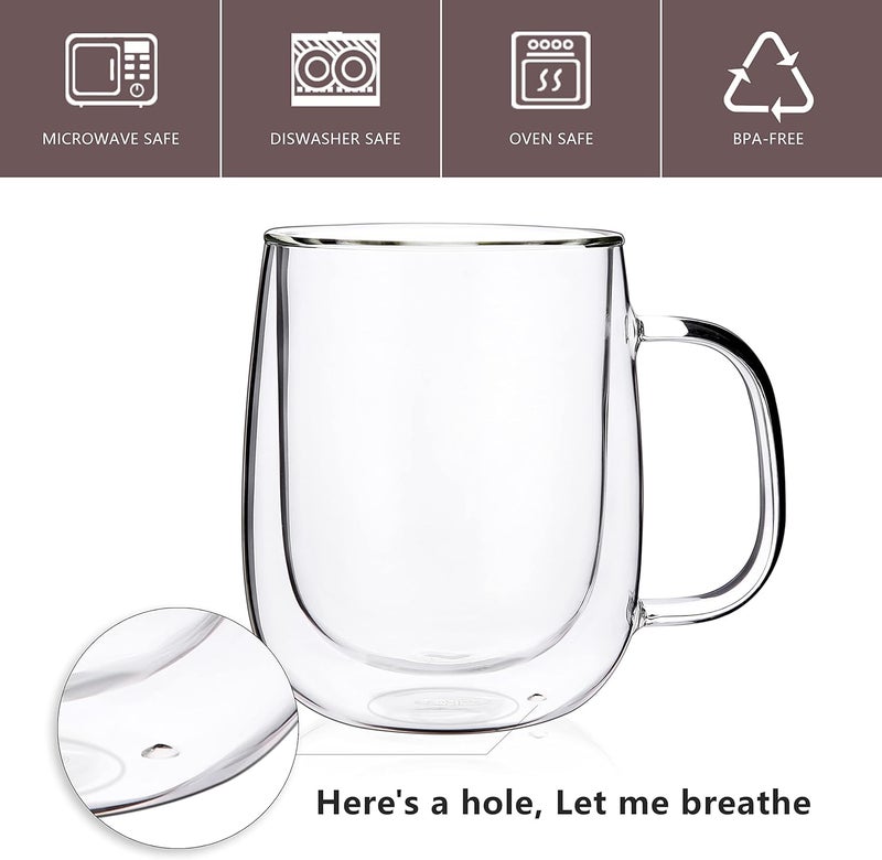 CnGlass Large Double Wall Glass Coffee Mug 15.2oz,Clear Insulated Glass Espresso Cup with Big Handle,set of 1 - Image 2