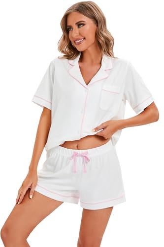 LUBOT 100% Cotton Women's Pajamas Set Short Sleeve Button-Down Shirt PJ Two-piece Shorts Set Summer Night Suit Sleepwear Loungewear (White, M) - Image 4