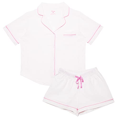 LUBOT 100% Cotton Women's Pajamas Set Short Sleeve Button-Down Shirt PJ Two-piece Shorts Set Summer Night Suit Sleepwear Loungewear (White, M) - Image 5