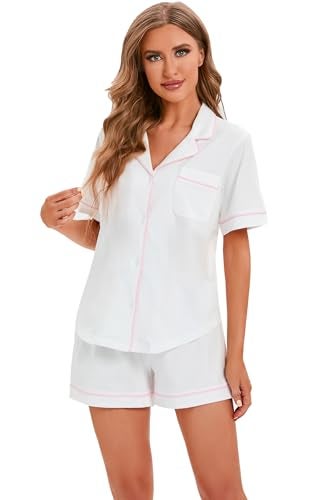 LUBOT 100% Cotton Women's Pajamas Set Short Sleeve Button-Down Shirt PJ Two-piece Shorts Set Summer Night Suit Sleepwear Loungewear (White, M) - Image 3