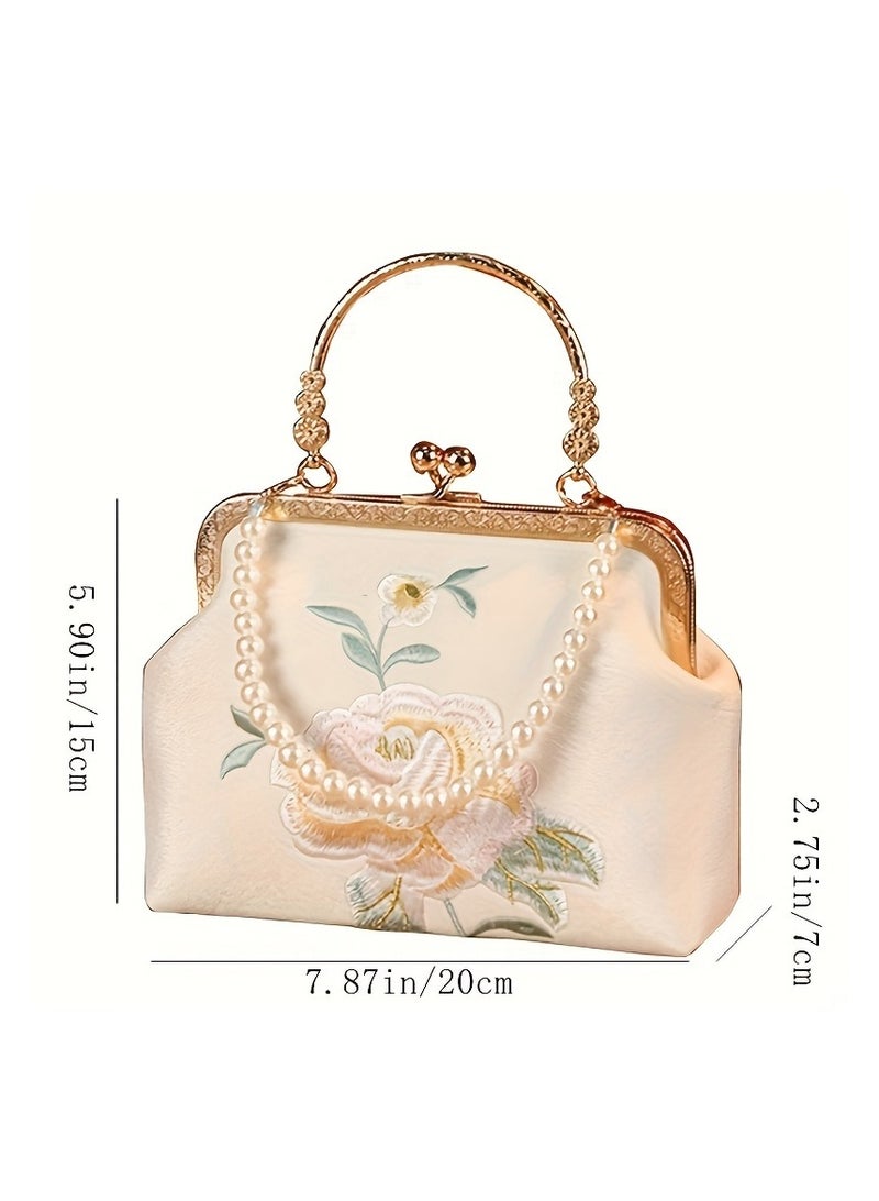 1pc Elegant Floral Embroidery Handbag – Vintage Traditional Chinese Style, Handmade Beaded Bag, Shell-Shaped Top Handle & Shoulder Bag, Stylish Women's Accessory with Buckle Closure, Ideal for Special Occasions, Evening Parties & Bridesmaid Gift, Beige [Chains: Long Pearl Crossbody Bag + Short Pearl]  - Image 4