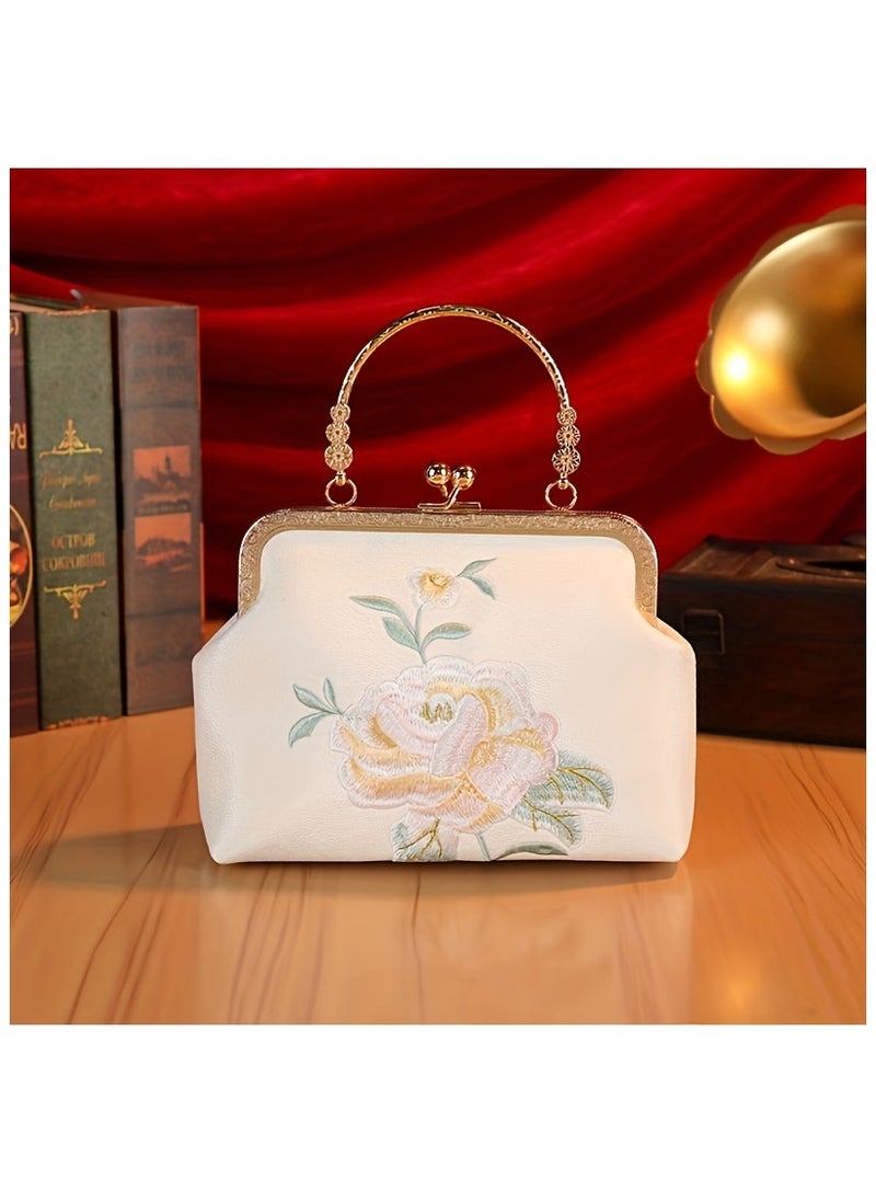 1pc Elegant Floral Embroidery Handbag – Vintage Traditional Chinese Style, Handmade Beaded Bag, Shell-Shaped Top Handle & Shoulder Bag, Stylish Women's Accessory with Buckle Closure, Ideal for Special Occasions, Evening Parties & Bridesmaid Gift, Beige [Chains: Long Pearl Crossbody Bag + Short Pearl]  - Image 5