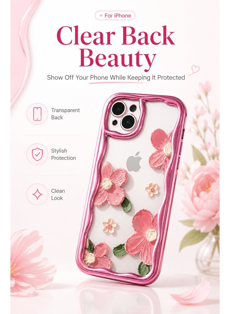 AL RAID Floral Wave iPhone 15 Case, Cute Pink Transparent Phone Cover With Shockproof Wavy Bumper, Clear Back Protective Case, Soft TPU Mobile Cover With Camera Lens Protection For Women And Girls - Image 3
