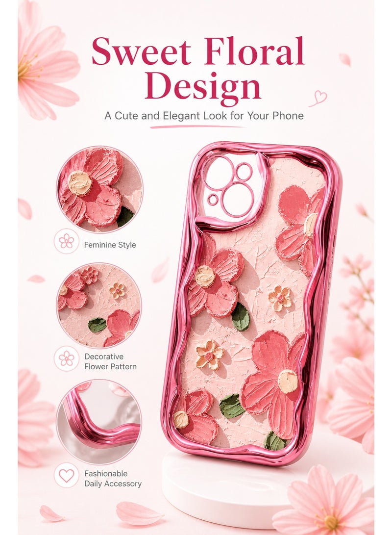AL RAID Floral Wave iPhone 15 Case, Cute Pink Transparent Phone Cover With Shockproof Wavy Bumper, Clear Back Protective Case, Soft TPU Mobile Cover With Camera Lens Protection For Women And Girls - Image 2