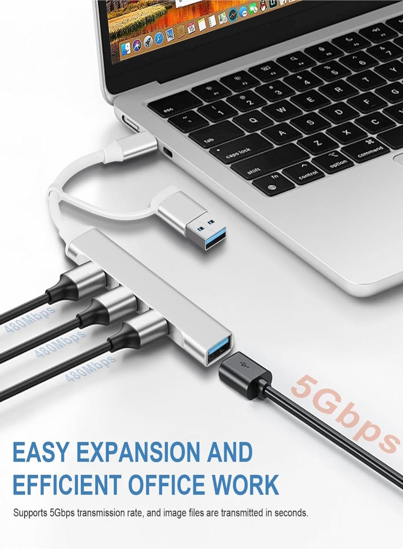 USB C Hub Multiport Adapter 2 in 1 Portable USB C to USB Hub 3.0 Aluminum USB Type C Hub Data Splitter for MacBook Pro/Air, Laptop, PS4, PS5, Printer, Silver  - Image 2