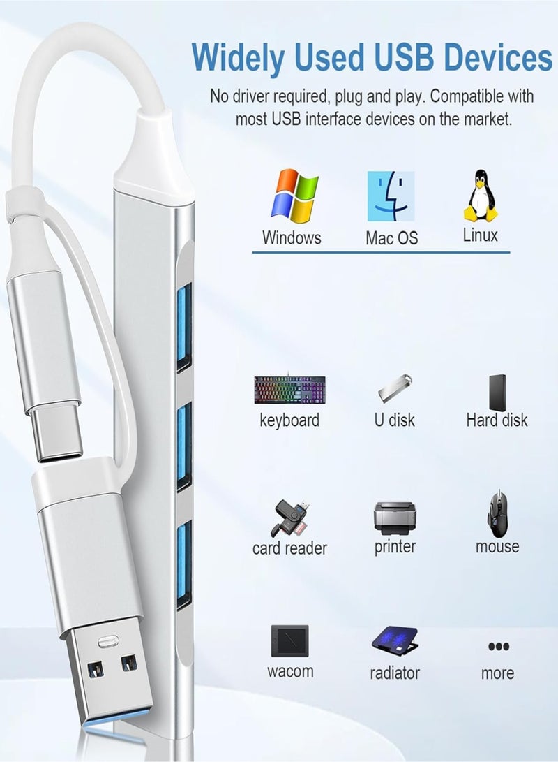 USB C Hub Multiport Adapter 2 in 1 Portable USB C to USB Hub 3.0 Aluminum USB Type C Hub Data Splitter for MacBook Pro/Air, Laptop, PS4, PS5, Printer, Silver  - Image 5