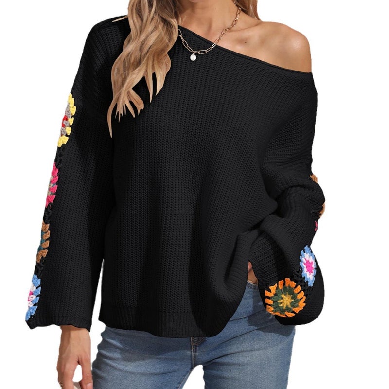 Women's Off-Shoulder Crochet Loose Pullover Sweater - Image 5