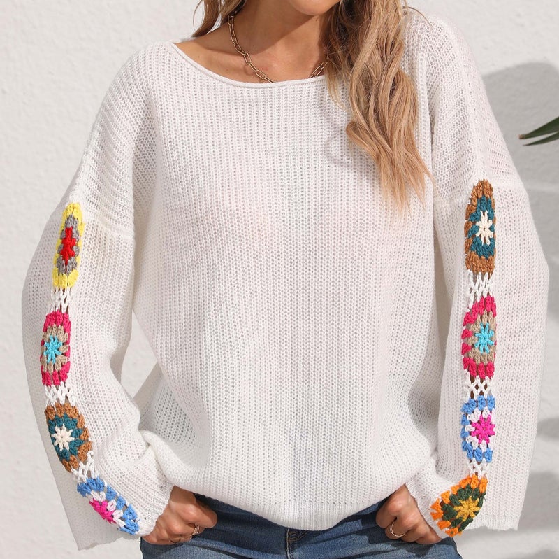 Women's Off-Shoulder Crochet Loose Pullover Sweater - Image 3