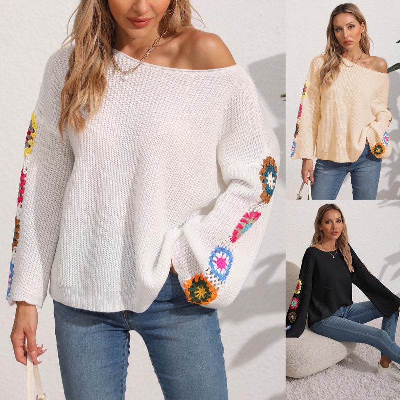 Women's Off-Shoulder Crochet Loose Pullover Sweater - Image 1