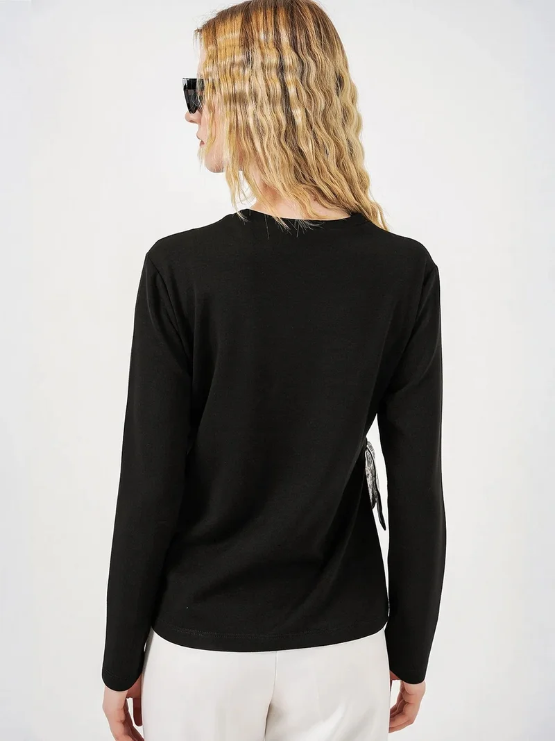 Big Dart Black BDART Women's Long-sleeved Crew Neck Top With Tie Detail for Women | Best Price UAE