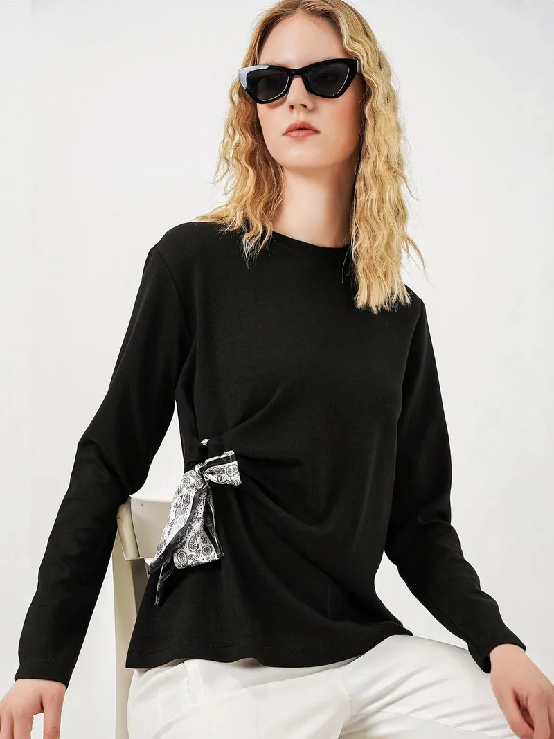 Big Dart Black BDART Women's Long-sleeved Crew Neck Top With Tie Detail for Women | Best Price UAE