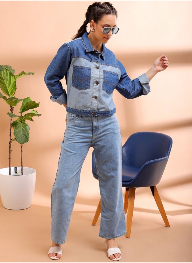 Freehand - Women Casual Regular Fit Long Sleeve Reverse Denim Contrast Jacket - Image 1