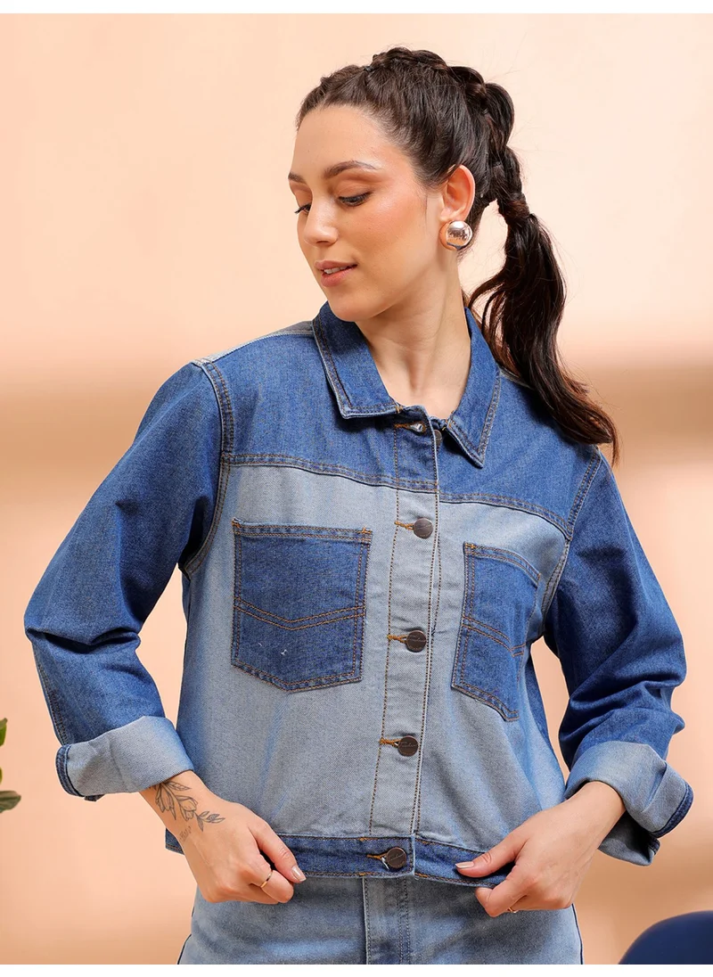 Freehand Women Casual Regular Fit Long Sleeve Reverse Denim Contrast Jacket