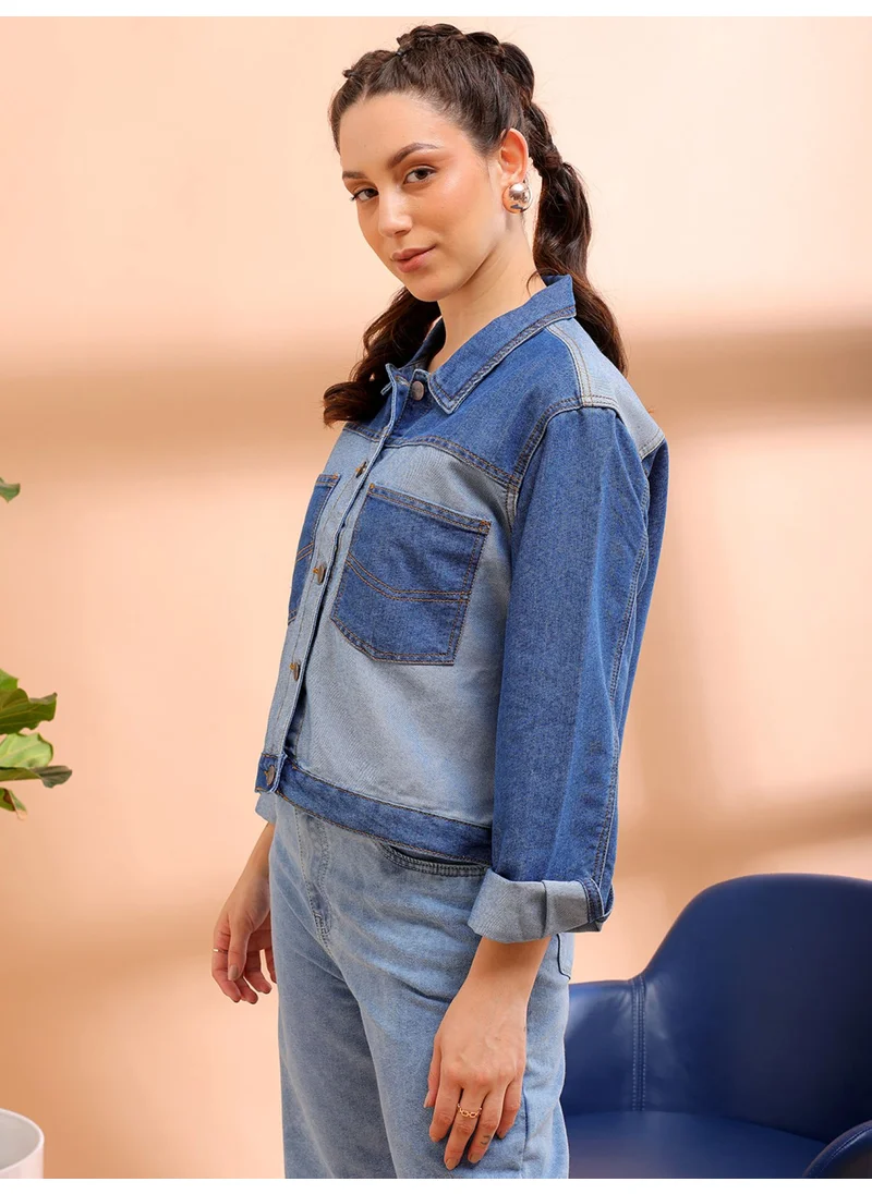 Freehand Women Casual Regular Fit Long Sleeve Reverse Denim Contrast Jacket