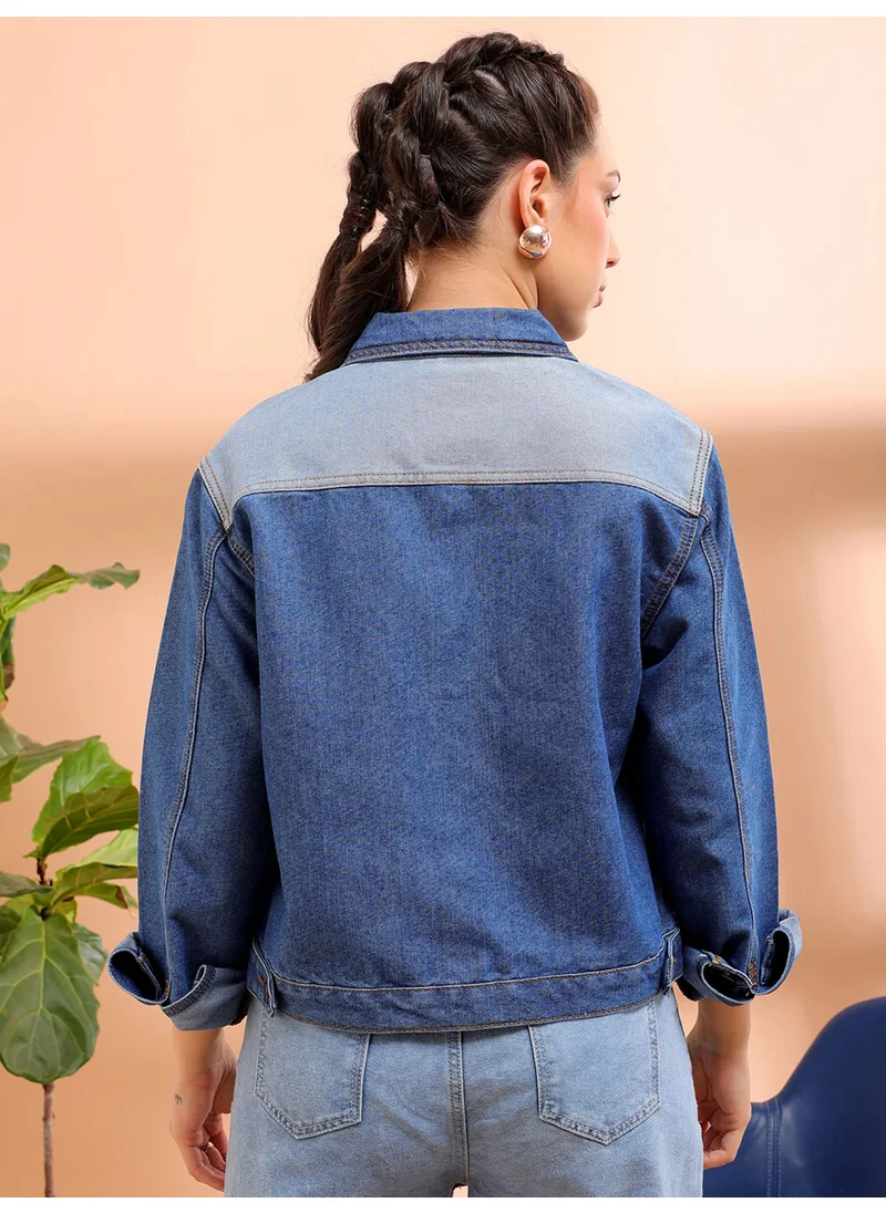 Freehand Women Casual Regular Fit Long Sleeve Reverse Denim Contrast Jacket