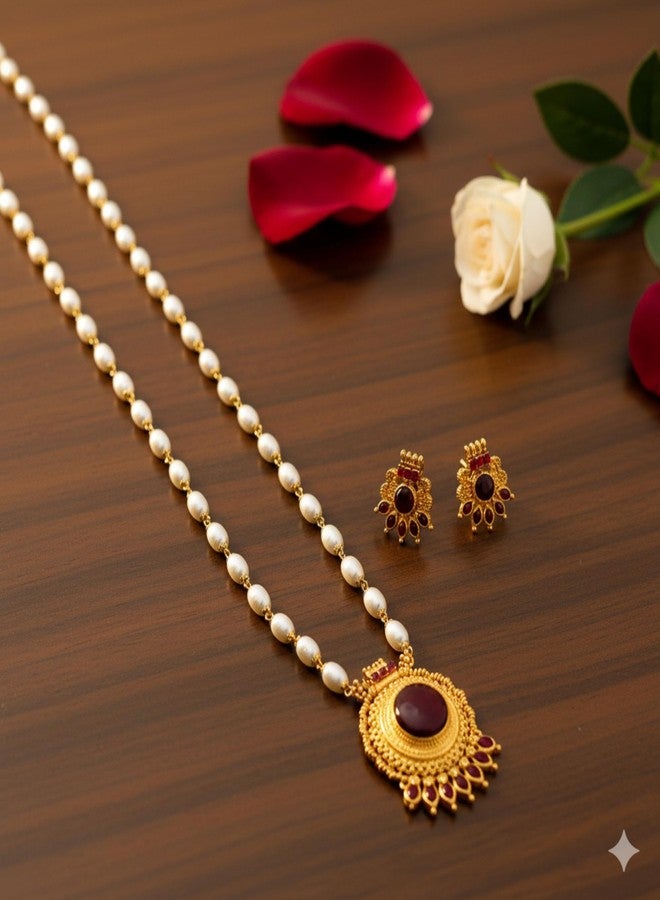 طقم عقد لؤلؤ تقليدي مطلي بالذهب من AAIKU بطول 30 بوصة | قلادة وأقراط متناسقة بتصميم معبد عتيق للنساء والفتيات، مجوهرات أنيقة (Pendant61-Red) - Image 4