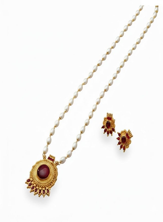 طقم عقد لؤلؤ تقليدي مطلي بالذهب من AAIKU بطول 30 بوصة | قلادة وأقراط متناسقة بتصميم معبد عتيق للنساء والفتيات، مجوهرات أنيقة (Pendant61-Red) - Image 1