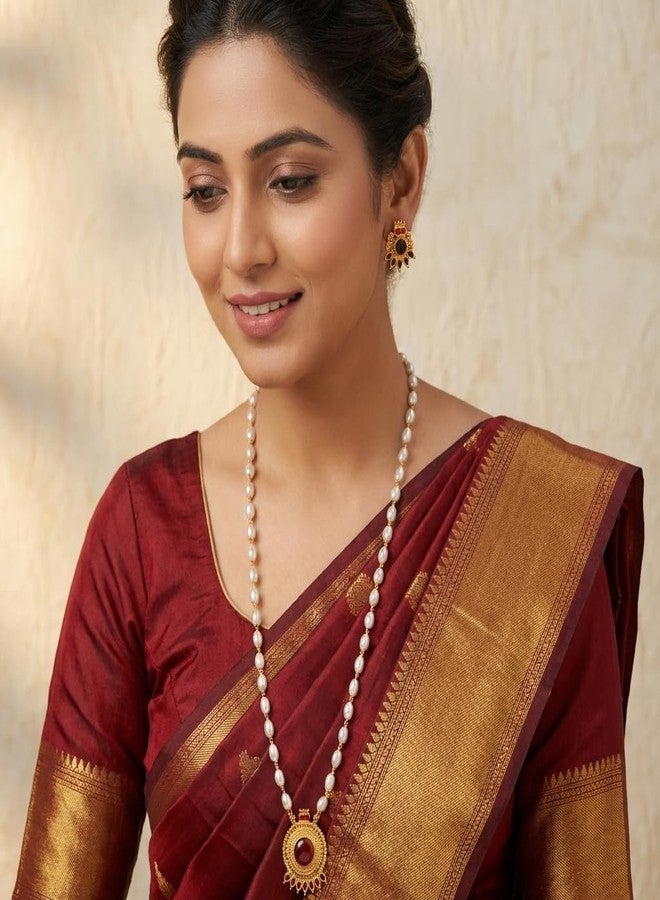 طقم عقد لؤلؤ تقليدي مطلي بالذهب من AAIKU بطول 30 بوصة | قلادة وأقراط متناسقة بتصميم معبد عتيق للنساء والفتيات، مجوهرات أنيقة (Pendant61-Red) - Image 5