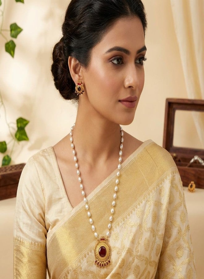 طقم عقد لؤلؤ تقليدي مطلي بالذهب من AAIKU بطول 30 بوصة | قلادة وأقراط متناسقة بتصميم معبد عتيق للنساء والفتيات، مجوهرات أنيقة (Pendant61-Red) - Image 2