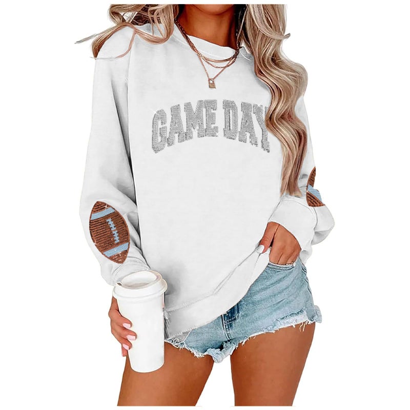 BEIDEFY Game Day Sweatshirt for Women Sequin Football Long Sleeve Shirt Crew Neck Sunday Funday Pullover Tops White - Image 1