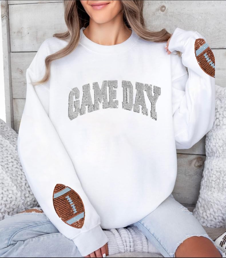 BEIDEFY Game Day Sweatshirt for Women Sequin Football Long Sleeve Shirt Crew Neck Sunday Funday Pullover Tops White - Image 2