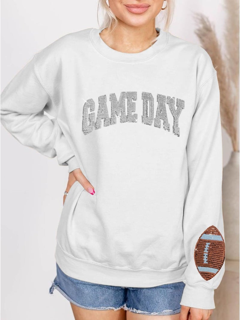 BEIDEFY Game Day Sweatshirt for Women Sequin Football Long Sleeve Shirt Crew Neck Sunday Funday Pullover Tops White - Image 3