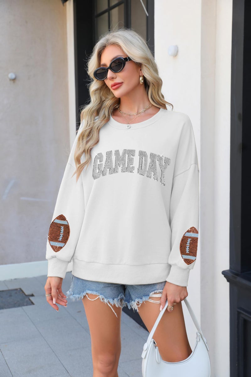 BEIDEFY Game Day Sweatshirt for Women Sequin Football Long Sleeve Shirt Crew Neck Sunday Funday Pullover Tops White - Image 4