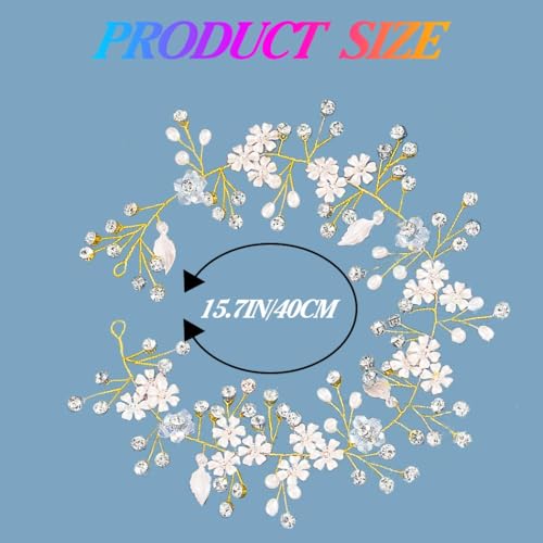 Unsutuo Flower Bride Wedding Headbands Crystal Bridal Headpiececs Leaves Hair Vine for Women and Girls (Gold) - Image 4