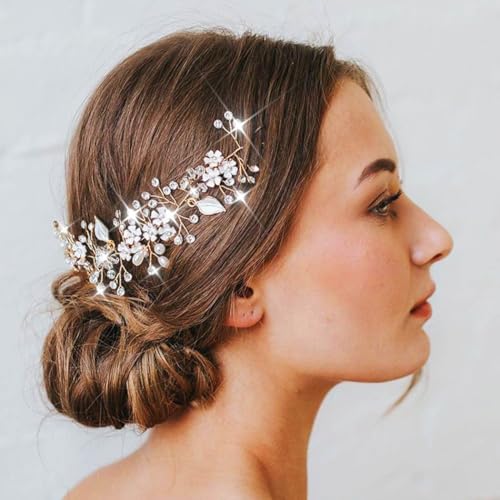 Unsutuo Flower Bride Wedding Headbands Crystal Bridal Headpiececs Leaves Hair Vine for Women and Girls (Gold) - Image 5
