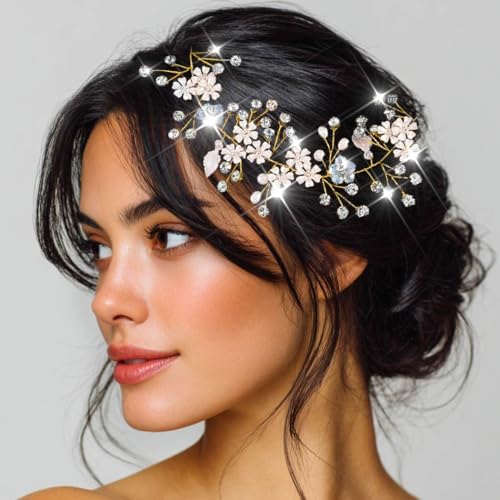 Unsutuo Flower Bride Wedding Headbands Crystal Bridal Headpiececs Leaves Hair Vine for Women and Girls (Gold) - Image 3
