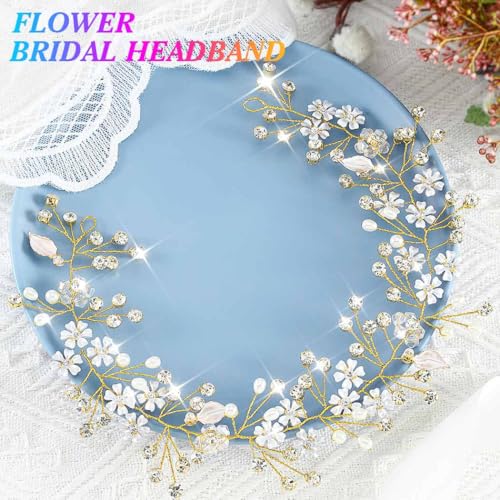 Unsutuo Flower Bride Wedding Headbands Crystal Bridal Headpiececs Leaves Hair Vine for Women and Girls (Gold) - Image 2