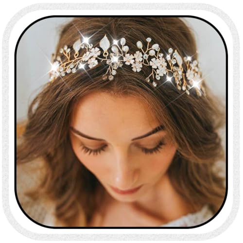 Unsutuo Flower Bride Wedding Headbands Crystal Bridal Headpiececs Leaves Hair Vine for Women and Girls (Gold) - Image 1