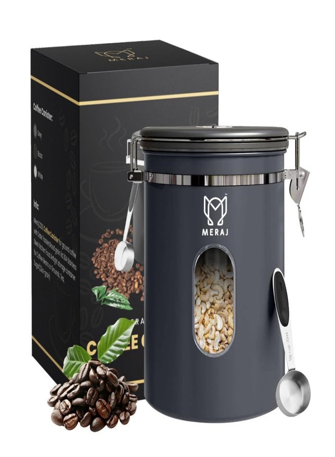 MERAJ Premium Coffee Canister, with Window,Airtight 304 Stainless Steel Kitchen Food Storage Container for Ground Coffee,Beans,Tea,Sugar,Flour,Cereal,with Date Tracker and Scoop (Grey, 22OZ) - Image 1