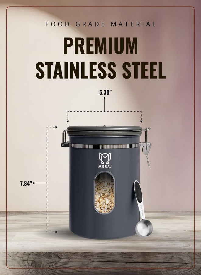 MERAJ Premium Coffee Canister, with Window,Airtight 304 Stainless Steel Kitchen Food Storage Container for Ground Coffee,Beans,Tea,Sugar,Flour,Cereal,with Date Tracker and Scoop (Grey, 22OZ) - Image 5