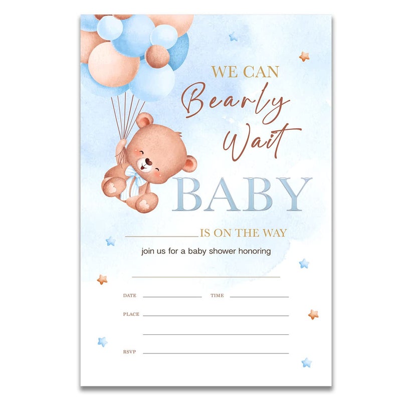 YIDOU Blue Bear Baby Shower Party Invitations We Can Bearly Wait Blue Balloons Boho Boy Fill in Invites Cards 20 Invitations and Envelopes Double Sided