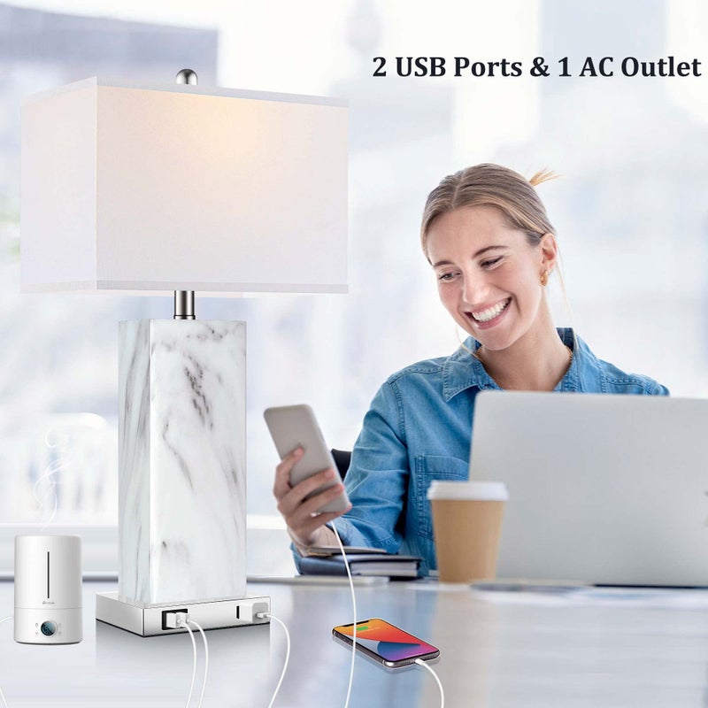 PARTPHONER Touch Control Table Lamps Set of 2, Modern Ceramic Bedside Lamp with 2 USB Ports 1 AC Outlet, 3-Way Dimmable White Nightstand Lamp with Fabric Shade for Living Room, Bedroom (LED Bulbs Included) - Image 3