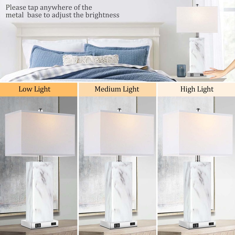 PARTPHONER Touch Control Table Lamps Set of 2, Modern Ceramic Bedside Lamp with 2 USB Ports 1 AC Outlet, 3-Way Dimmable White Nightstand Lamp with Fabric Shade for Living Room, Bedroom (LED Bulbs Included) - Image 2
