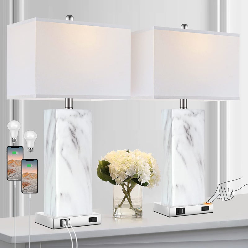 PARTPHONER Touch Control Table Lamps Set of 2, Modern Ceramic Bedside Lamp with 2 USB Ports 1 AC Outlet, 3-Way Dimmable White Nightstand Lamp with Fabric Shade for Living Room, Bedroom (LED Bulbs Included) - Image 1