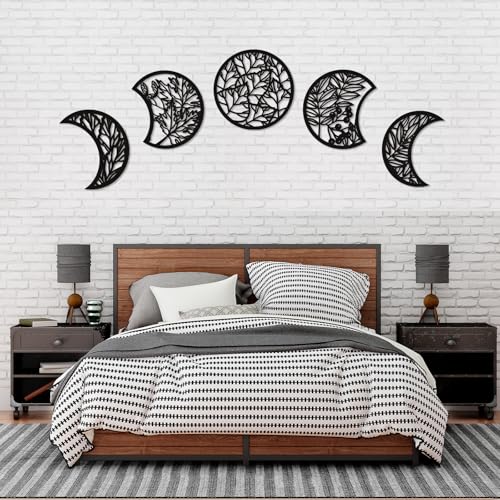 Jetec 5 Pcs Moon Phase Wall Art Decor Wall Pediments Hanging Wooden Phase Spiritual Bedroom Nordic Boho Lunar Aesthetic Art for Living Room Dorm Apartment OrnamentDark Black1575 InchBotanical - Image 1